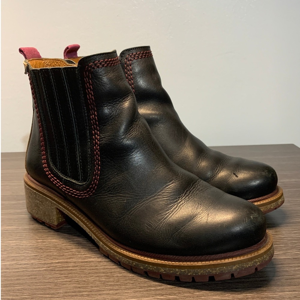 Pikolinos Black Leather Ankle Boots Burgundy Stitching Lug Sole Zip Up
